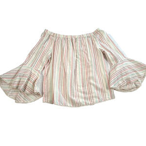 Solitaire Off Shoulder Bell Sleeve Top Womens Large Stripe Beige/Red/Pink Cotton